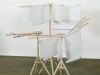 Reading Machine (for Between Words), 2018, structure in beech wood (12 branched wooden hanging rack with rotating top), paper and drawings (12 music scores 45 x 75 cm each and 12 blank papers, different types of paper, variable dimensions), 160 x 54 x 54 x 130 diamter cm (tall version), 100 x 54 x 54 x 130 diamter cm (small version), edition of 4, serie of unique pieces (music score). Photo © Philippe De Putter