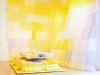 Dual 10, 2023 - 2024, patchwork of coloured hand sewn wrapping tissue, 10 x 15 m, unique piece. Lands of Dual 10, 2023 - 2024, architectural landscape made with hand fold wrapping tissue, variable dimensions, unique piece. Presentation in the DePaul Art Museum, Chicago, Illinois, USA, 2023