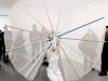 Éventail (Compass), 2021, sculpture performatrice, tarlatan, chêne, acrylique, fil de lin, Ø 280 cm, pièce unique. Vue de l’exposition Milieu Mouvant, Pal Project, Paris, France, 2021. Photo © Antony Caillliau