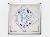 Lex, 2019, encaustic painted stained glass, cotton fabric, wax, pigments, wood and aluminium frame, 75,5 x 70,5 x 4,5 cm, unique piece. Exhibition view Sainte Chapelle, Dohyang Lee Gallery, Paris, France. Photo © Aurélien Mole