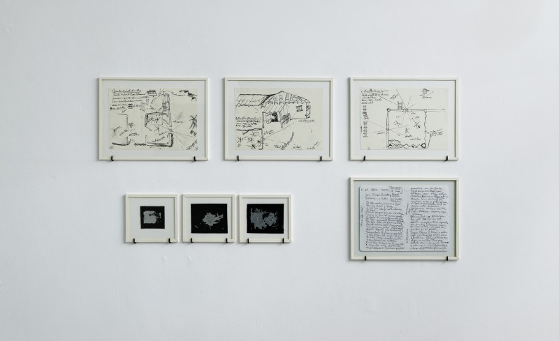 PREPARATORY DRAWING DON LUIS - San Luis De Ocoa, DON HERMANO - Ubaté, DON EMILIO - Oriental bank of the Ariari river, 2015 - drawing on paper, glass, white tape frame, 25 x 19 cm with frame, Unique piece /  PINEHOLE CAMERA 1 / 0,5 / 1,5 - 2, 2015 - perforated aluminium plaque, glass, white tape frame 12 x 11 cm with frame Unique piece/ NOTES TESTIMONIES DON LUIS - San Luis De Ocoa 2015 - text on paper, glass, white tape frame, 25 x 19 cm with frame, Unique piece